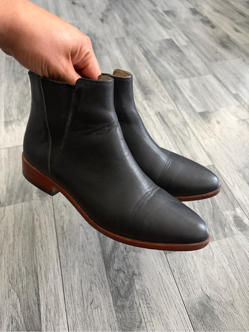 Nisolo Eva Black Leather Chelsea Boots with Brown Stacked Sole
